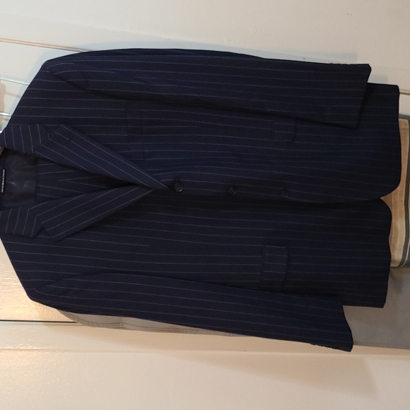 Victor International Suit Navy Blue with White Pinstripes - Picture 2 of 12